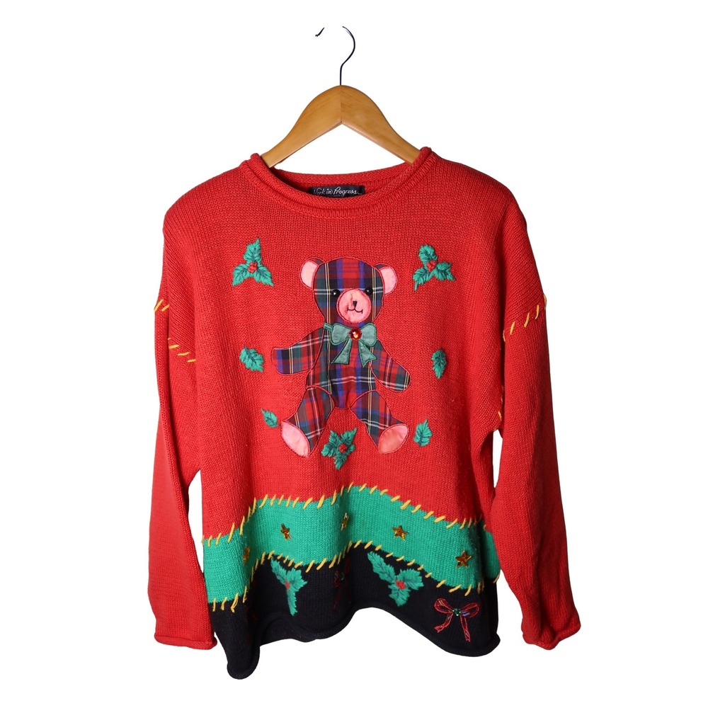 Work in Progress Vintage Christmas Sweater Plaid Teddy Bear Red Medium Excellent